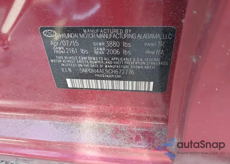 2016 Hyundai Elantra Se z USA, uszkodzony, nr VIN 5NPDH4AE9GH672776